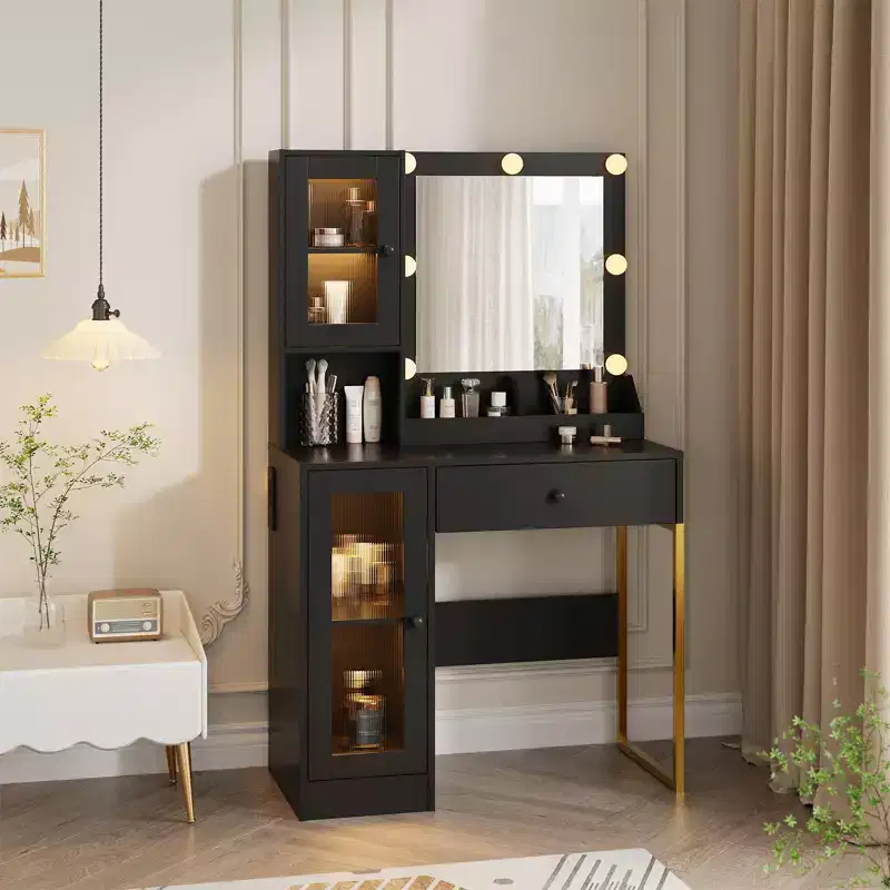 Makeup Vanity Desk with Mirror and Lights, Vanity Table with Charging Station, Wood Dressing Table for Bedroom for Girls