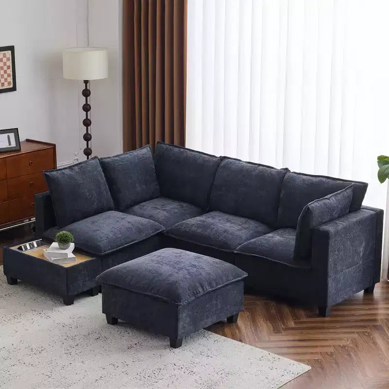Whisen 90 U-shaped Sectional Sofa Modular Sofa Couch with a Movable Ottoman , a Coffee Table with Hidden Charging Devices