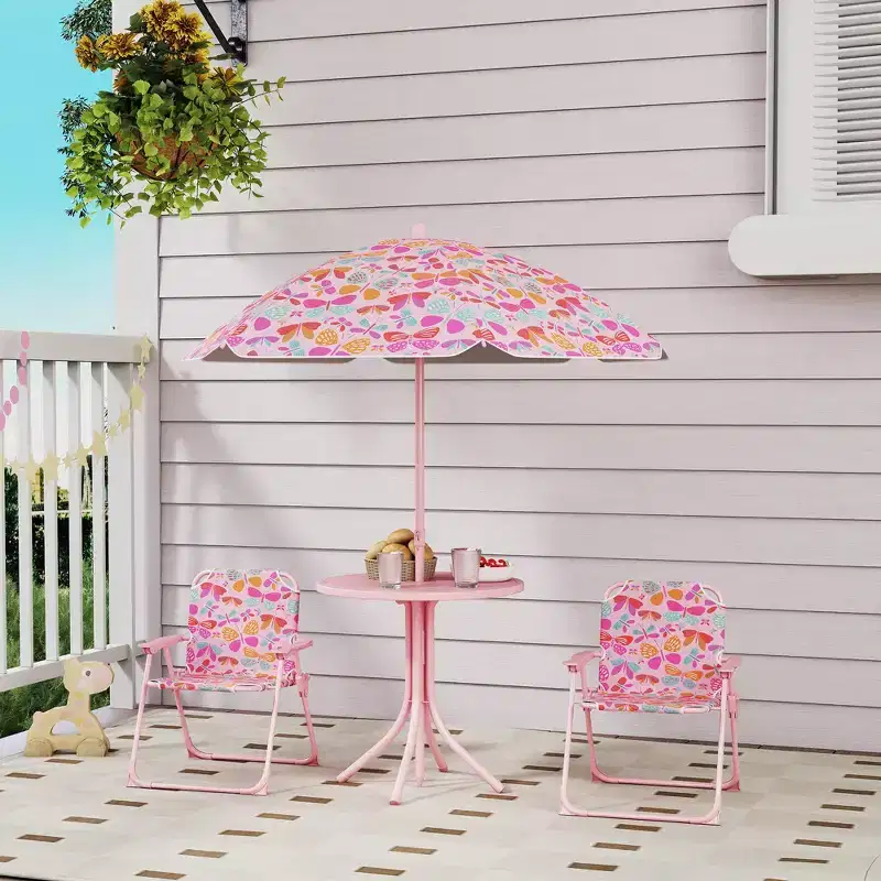 Kids Outdoor Picnic Table and Chair Set with Butterfly Umbrella 3-Piece Pink