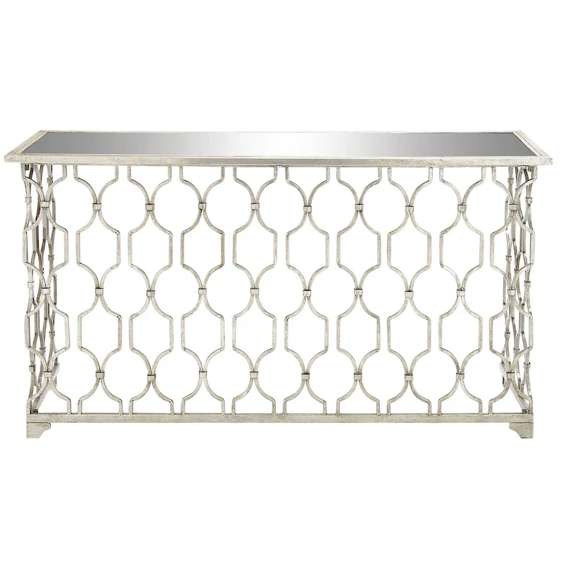 Metal Geometric Console Table with Mirrored Glass Top - Silver - 18Wx55Lx32H