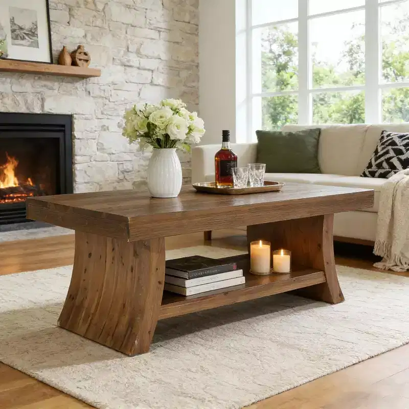 47.2-Inch Farmhouse Coffee Table with Storage Shelf, Mid Century Modern Solid Wood, Curved Base, Walnut