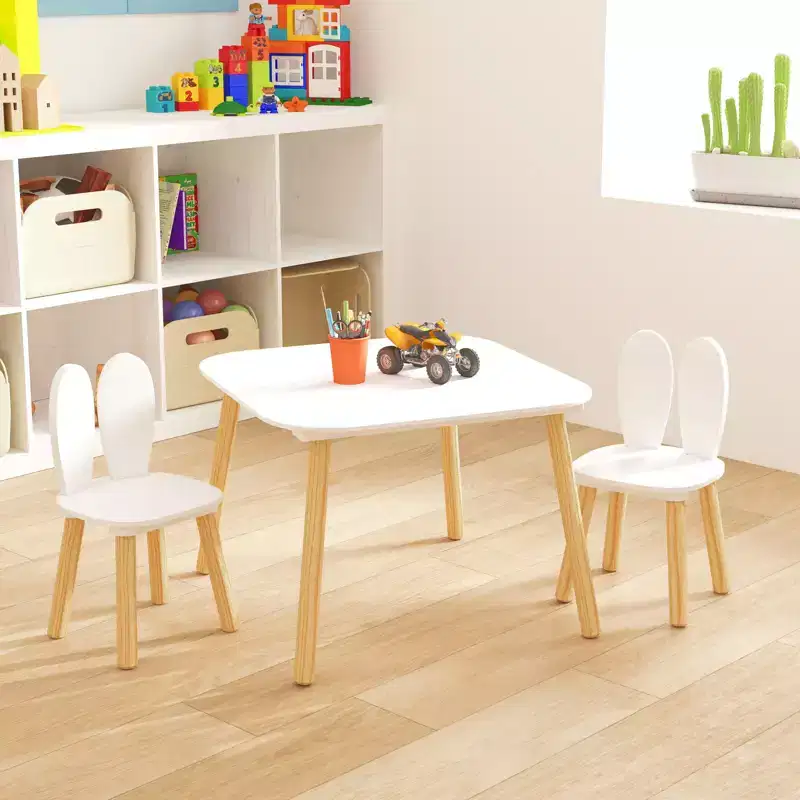 Etokfoks Kids Table and 2 Chairs Set Rabbit Ear Design Solid Wood White 23.6x23.6x17.3 Table 10.6x10.6x19.7 Chairs