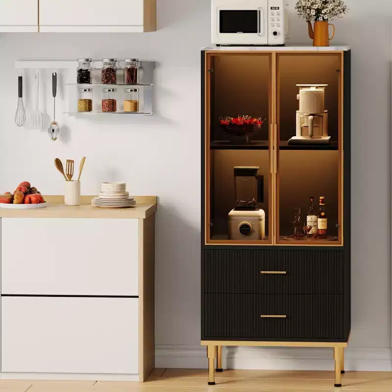 Modern Fluted Storage Cabinet with Glass Door and 2 Drawers, Adjustable Shelves, Gold Accents, MDF Build for Kitchen, Living Room, Office