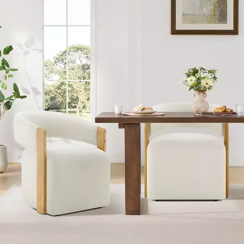 Upholstered Dining Chair with Wood Armrests and Hidden Wheels