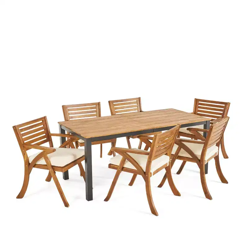 GDFStudio Lennox Outdoor Acacia Wood 7 Piece Dining Set with Cushion, Teak/Cream