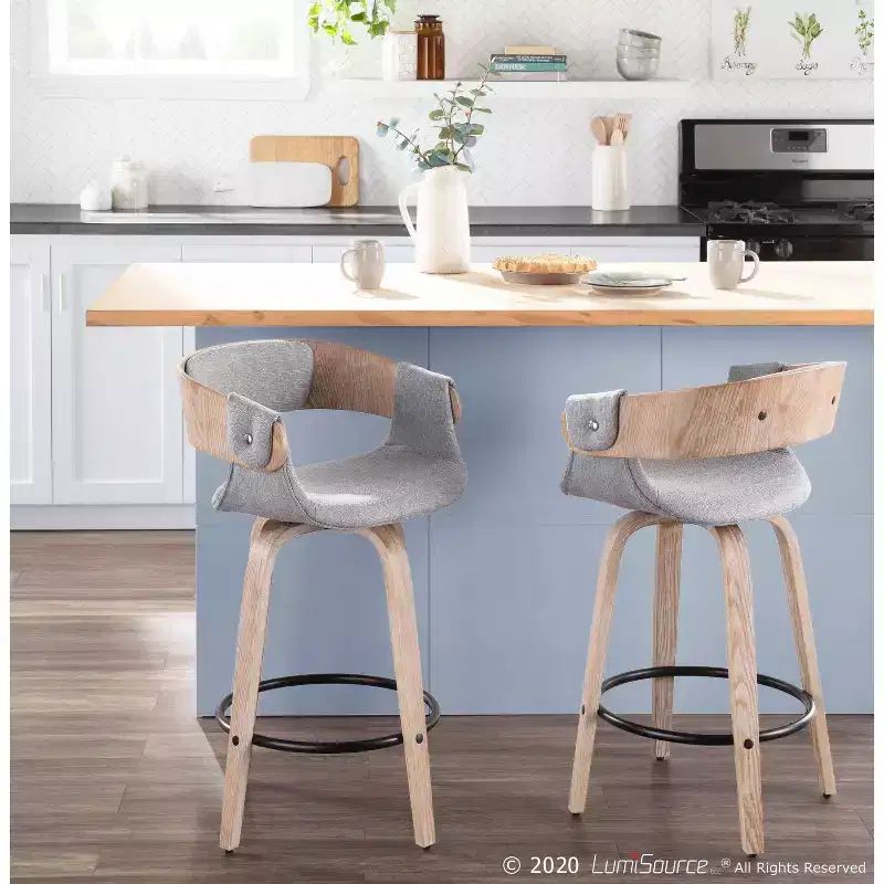 Set of 2 Upholstered Counter Height Barstools Gray/White Wash