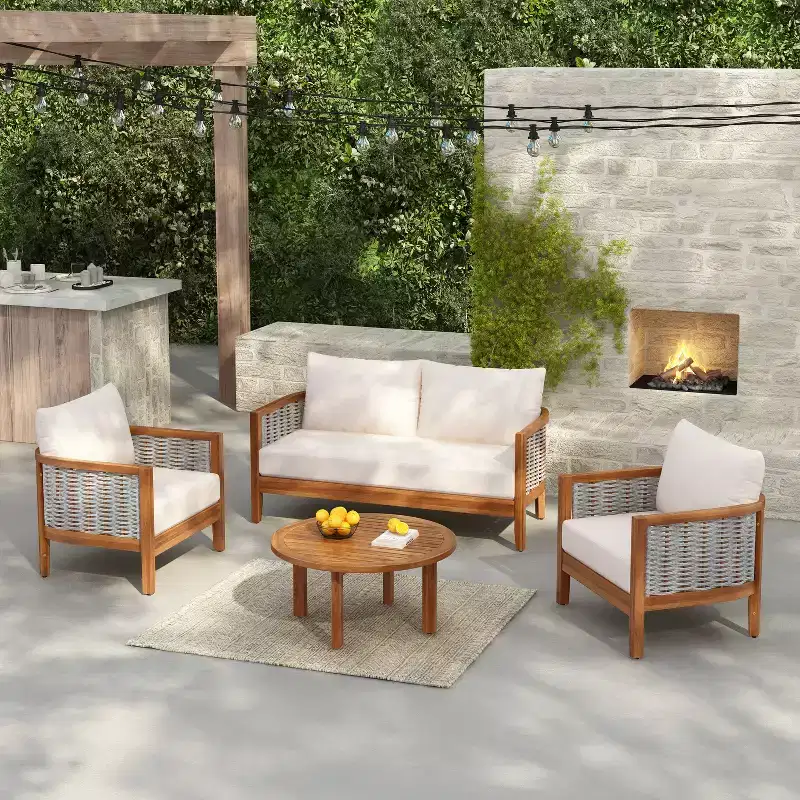 Christopher Knight Home Omen Modern 4 Piece Patio Acacia Wood Woven Rope Seating Set with Slatted Round Table