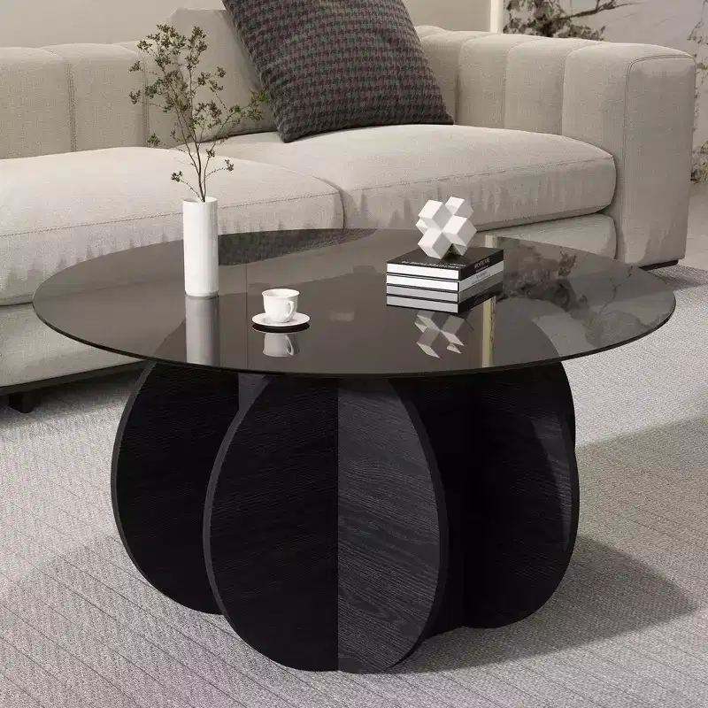 Glass Coffee Table, Round Coffee Table with Geometric Metal Frame, Modern Minimalist Coffee Table for Decoration