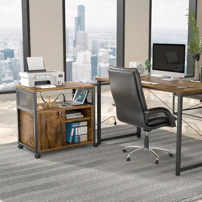 Rolling File Cabinet Lateral Office Filing Cabinets with Charging Station,Modern Printer Stand on Wheels