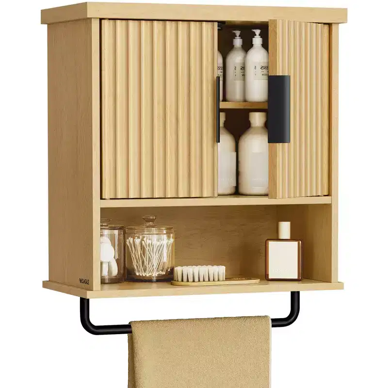 Wall Mounted Bathroom Cabinet - Over Toilet Storage with Fluted Doors, Towel Bar, Adjustable Shelf, 17.7 Wide, Oak Beige