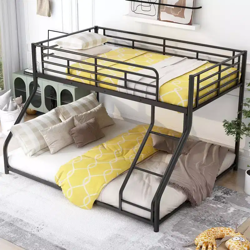 Okak Twin XL over Queen Metal Floor Bunk Bed Low Loft Bunk Bed with Ladder & Safety Guardrail for Kids Teens, Easy Assemble, Black