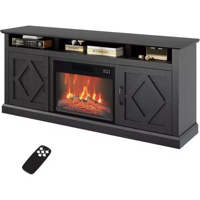 Farmhouse Electric Fireplace TV Stand for TVs up to 65 inch, 23 inch Remote Control Fireplace, Plenty of Storage, Sliding Barn Doors