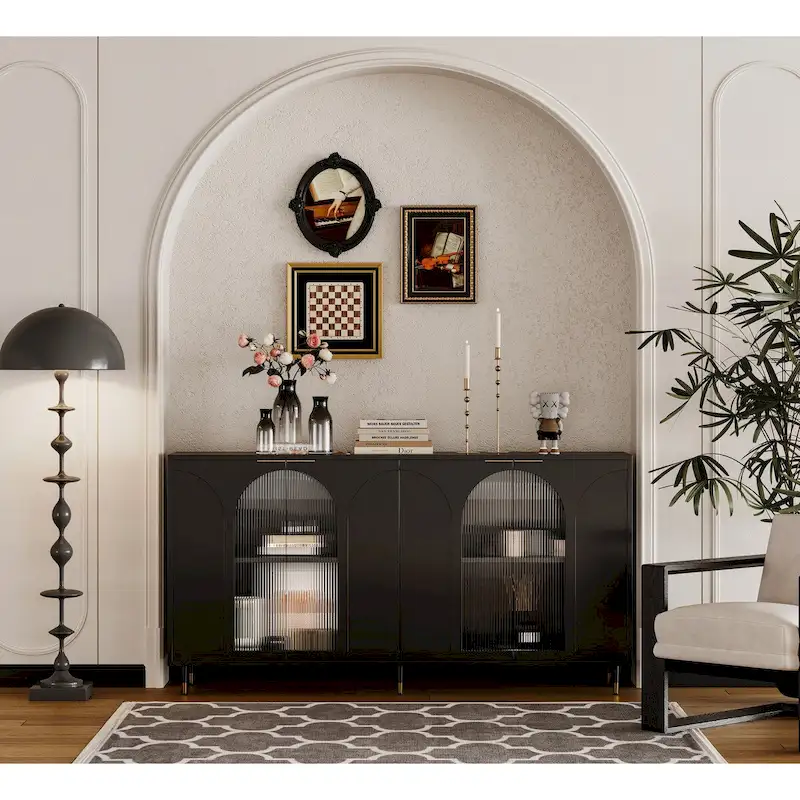 Fluted Glass Door Accent Cabinet – Black, MDF, Minimalist Style