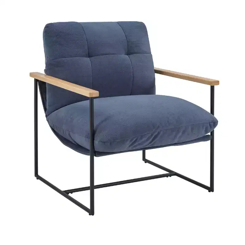 Okak Modern Accent Chair with Removable Cushion, Living Room Chair with Wooden Armrests, Reading Chair for Living Room, Bedroom, Blue