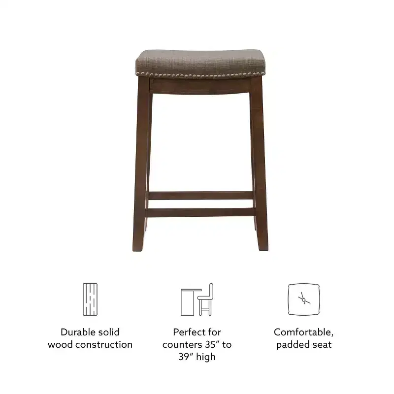 Counter Height Barstool Rustic Brown Natural Linen Upholstered Backless
