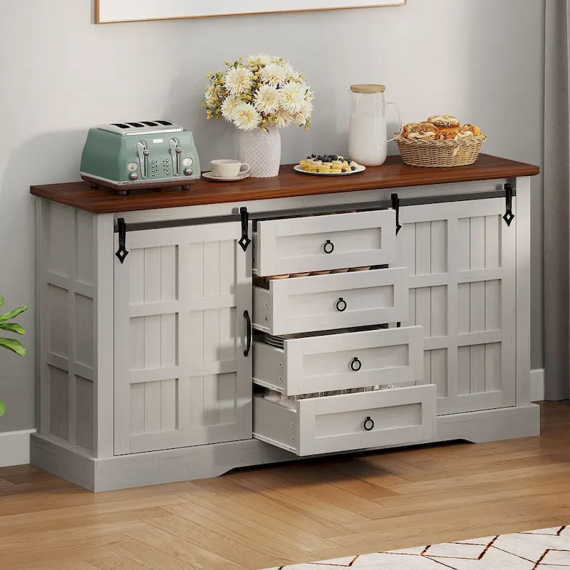 Farmhouse Sideboard Buffet Cabinet with Storage-Sliding Barn Doors and 4 Drawers