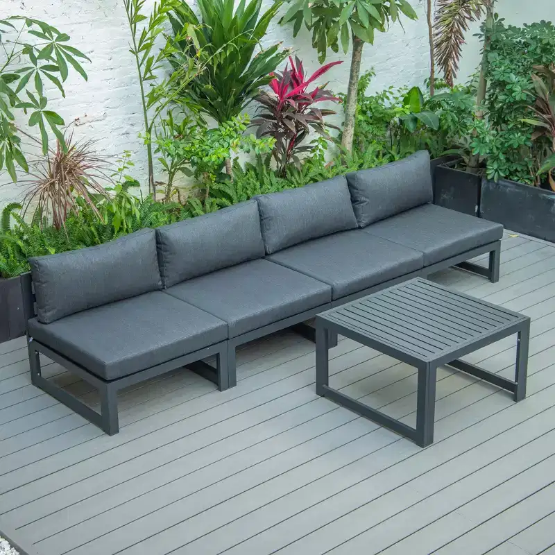 LeisureMod Chelsea 5-Piece Outdoor Patio Sectional Set with Coffee Table  Black Aluminum Frame, Cushions, Weather-Resistant