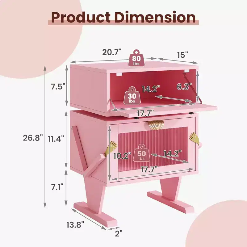 Nightstand with LED Light Strips, Rotating Drawer & Glass Door, Pink