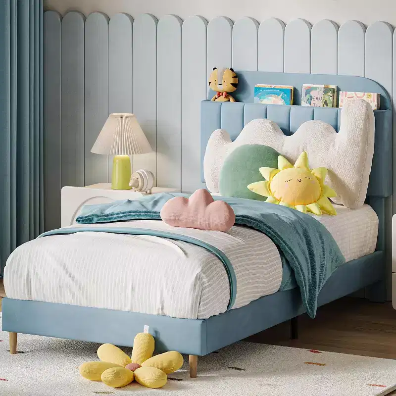 Velvet Bookcase Bed Frame  Twin/Twin XL/Full Kids Platform Bed w/ Storage Headboard, Heavy-Duty Steel Frame