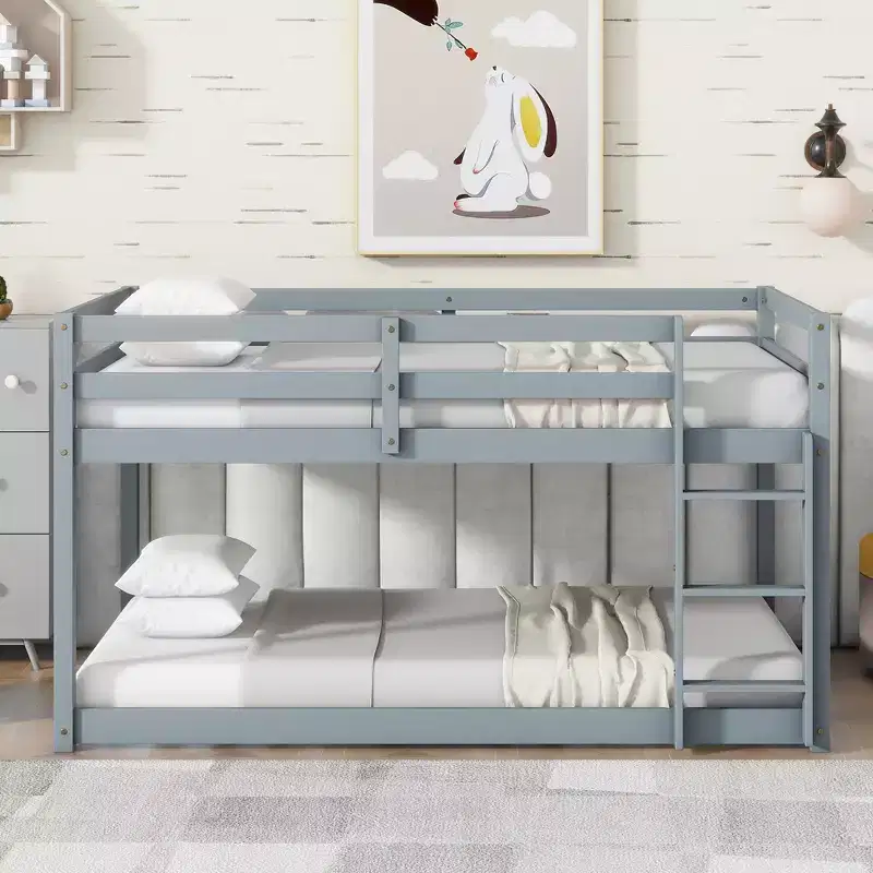 MATEERTY Solid Wooden, Twin Floor Bunk Bed wit Ladder, Upper and Bottom Bed Platforms Crafted with Stregthened Slats Gray