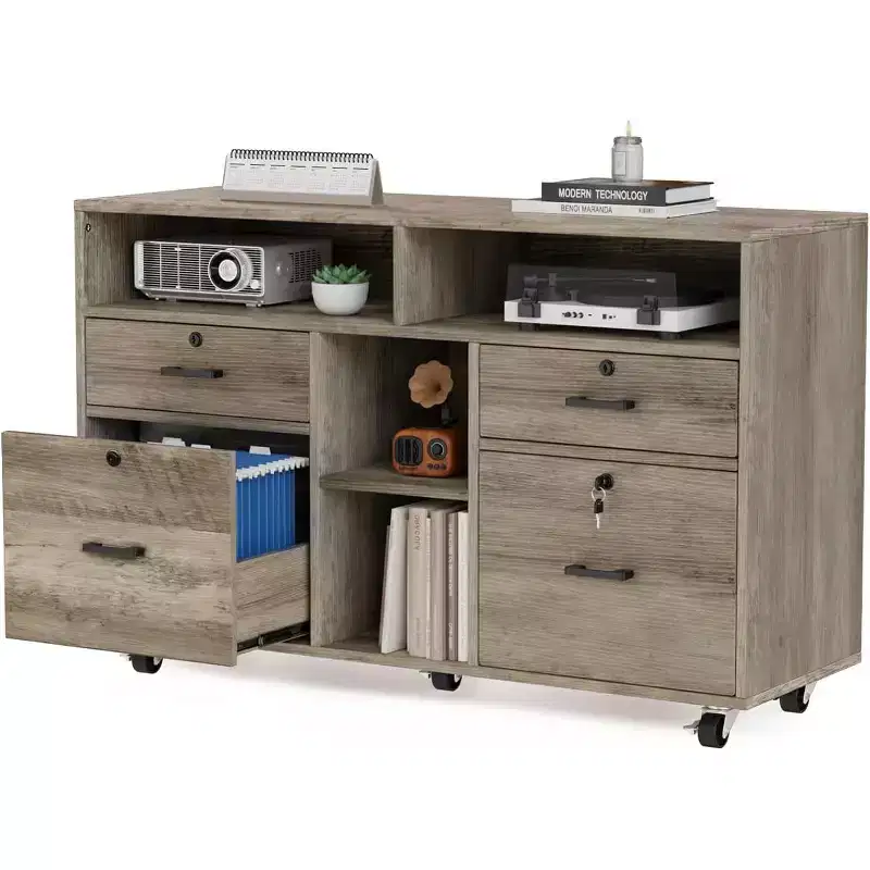 Wide 4 Drawer File Cabinet with Lock, Rustic Grey Rolling File Cabinet with Open Shelves, Lockable Printer Stand