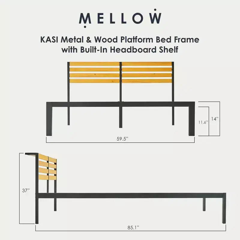 Metal & Wood Platform Bed Frame with Built-In Headboard Shelf
