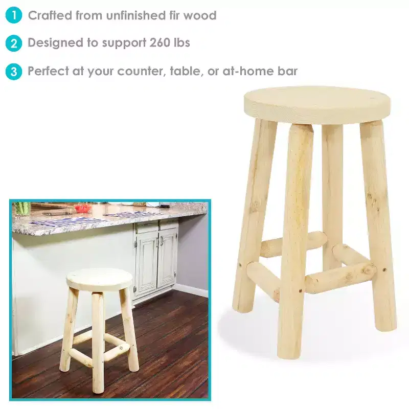 Sunnydaze Unfinished Wood Round Top Counter-Height Stool - Fir Wood - 24