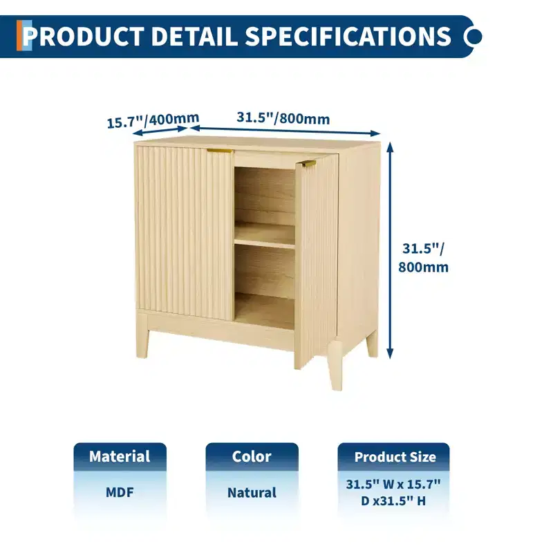 COZONY 32 Fluted Cabinet with 2 Doors & Adjustable Shelves, Mid Century Modern Sideboard Buffet Storage
