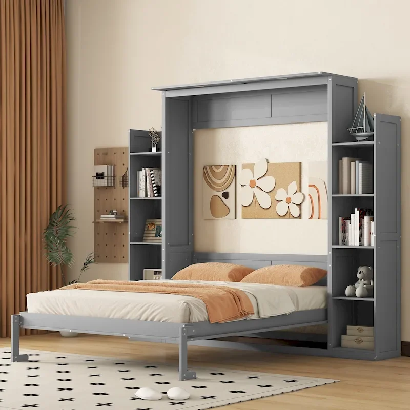 Queen Size Murphy Bed – Grey, MDF & Plywood, Shelves & LED Lights, Sleeps 1
