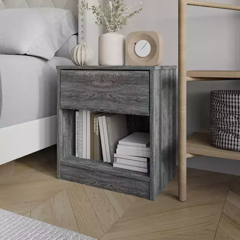 1-Drawer Wood Nightstand with Open Shelf, Mid-Century Modern Bedroom Side Table