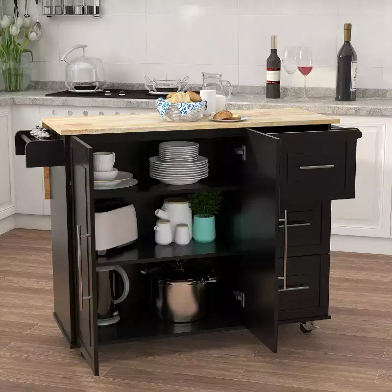 JVNOXK Kitchen island with spice rack, towel rack, and extendable solid wood tabletop, featuring locking casters and storage space, black