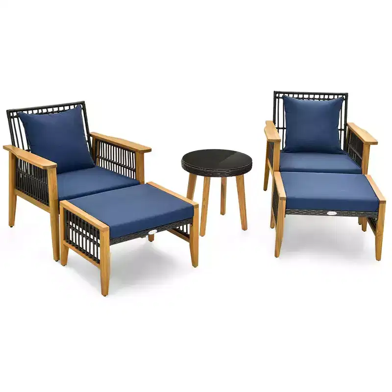 Costway 5 Pcs Patio Acacia Wood Wicker Woven Furniture Set with Coffee Table & 2 Ottomans Navy/Beige