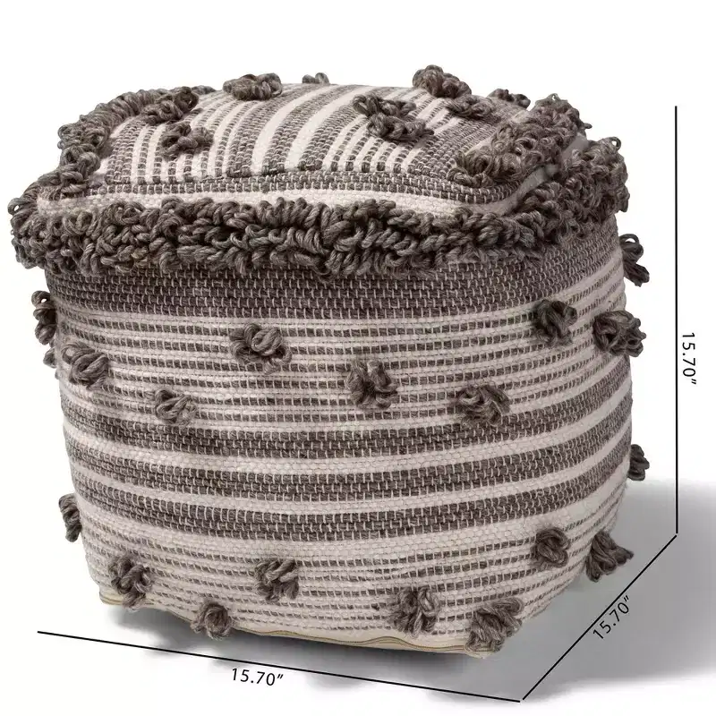 Eligah Handwoven Wool Moroccan Inspired Pouf Ottoman Ivory/Brown - Baxton Studio