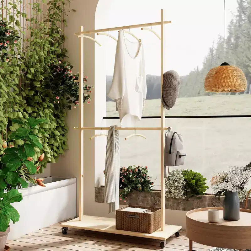 Wood Clothing Rack for Hanging Clothes, Freestanding Garment Rack with Wheels, Rolling Wardrobe Closet Rack, Clothes Storage Organizer for Bedroom