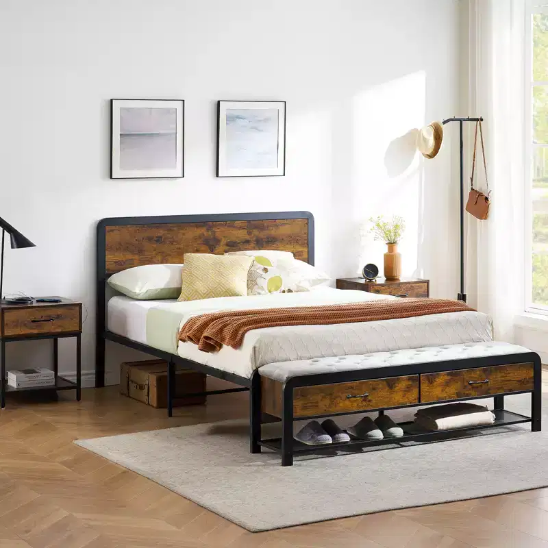 Queen Size Platform Bed Frame with Headboard, 2 Storage Drawers and Matching Footstool, Heavy-Duty Metal Supports, No Box Spring Required, No Noise