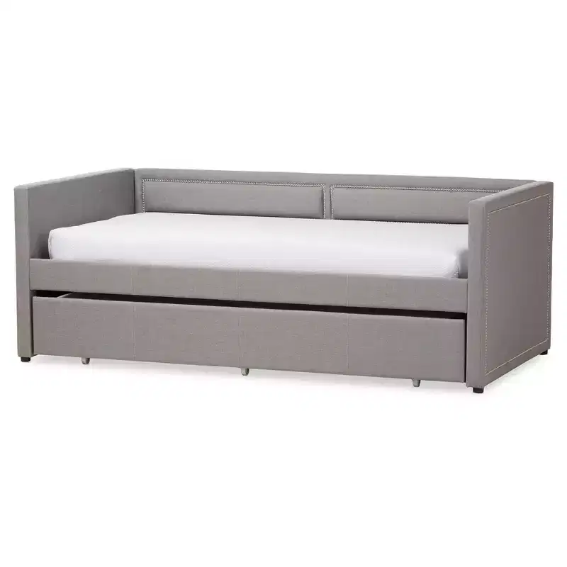 Twin Modern and Contemporary Fabric Nailhead Trimmed Sofa Daybed with Roll Out Trundle Guest Bed Gray: Rubberwood Frame
