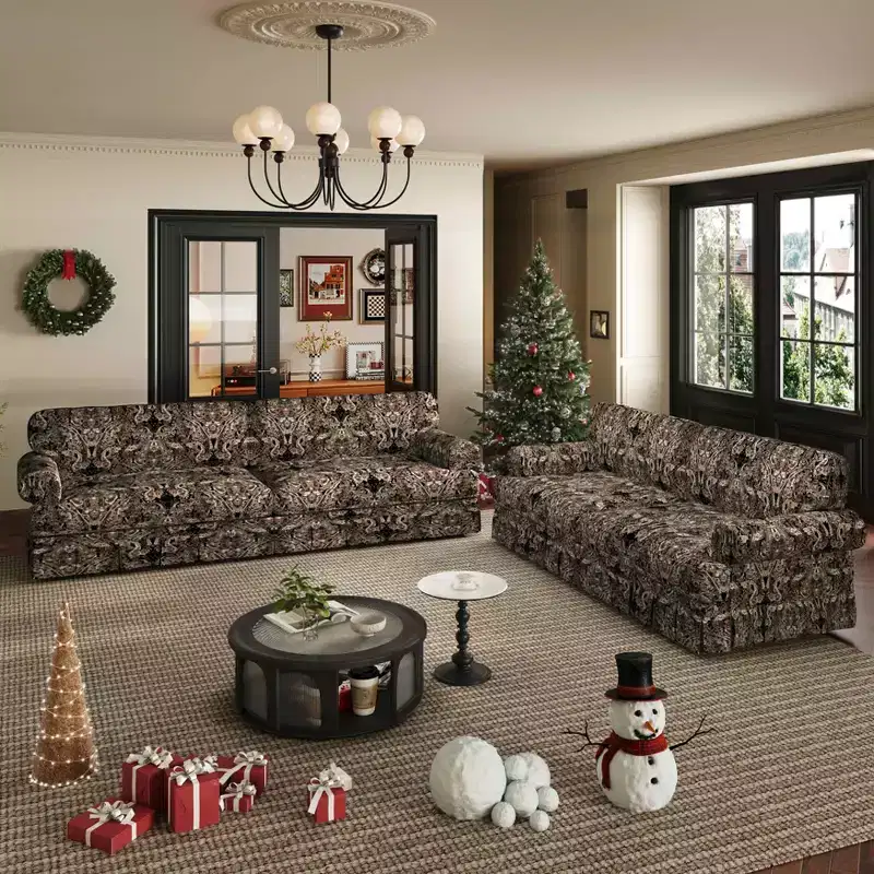 MAYEERTY 74 Luxuriously Comfortable 3 Seater Cloud Couch, Oxford Fabric Sofa with Rolled Arms & Pleated Skirt Design Black Floral