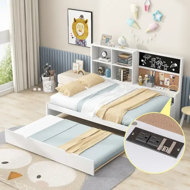 Full Pine Daybed with Blackboard, USB & Trundle