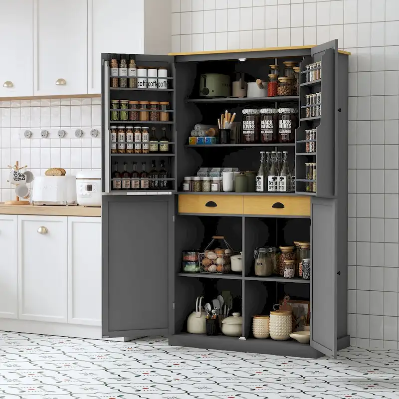 40.2x20x71.3inch High Freestanding Kitchen Pantry Cupboard Storage Cabinet with 2 Drawers,2 Adjustable Shelves,8 Door Shelves