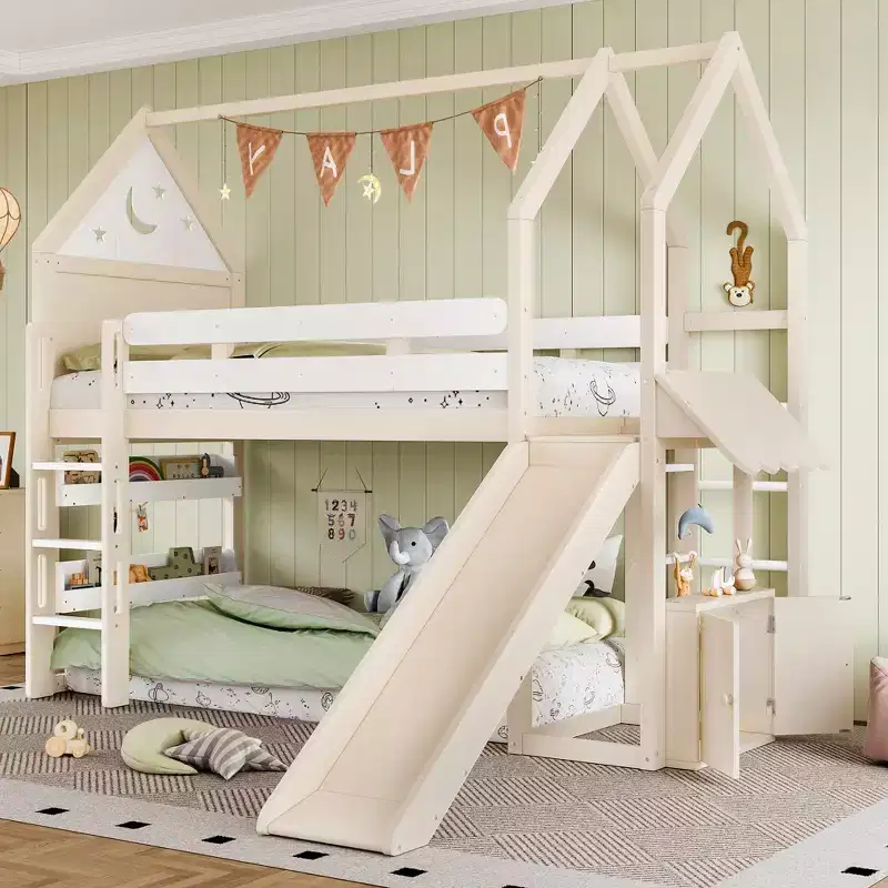 Bellemave House Loft Bed with Bookshelf and Slide,Solid Wood House Loft Bed Frame with Safety Rails and Playful Design for Kids
