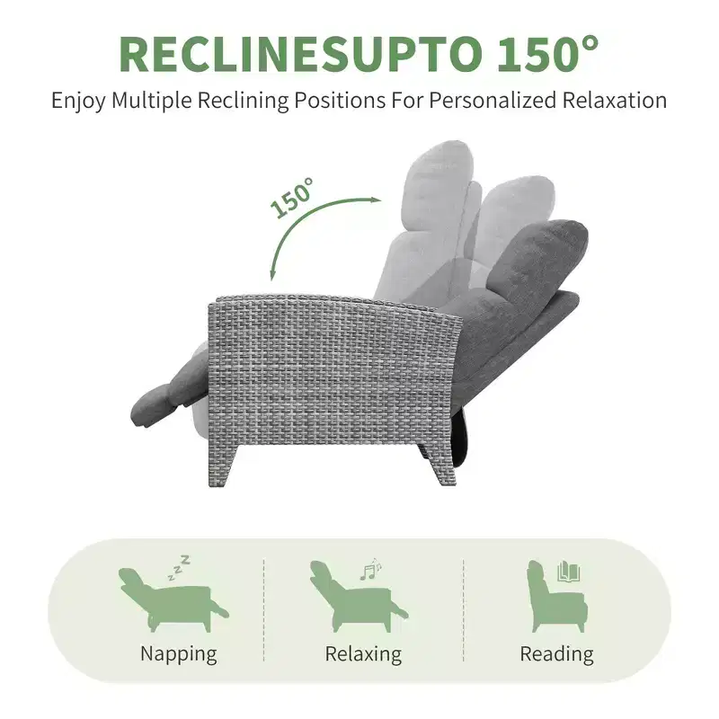 Wicker Recliner Chair with Adjustable Back & Footrest,150 Lay Flat Rattan Reclining Patio Chair with Extendable Side Table & Air Pump