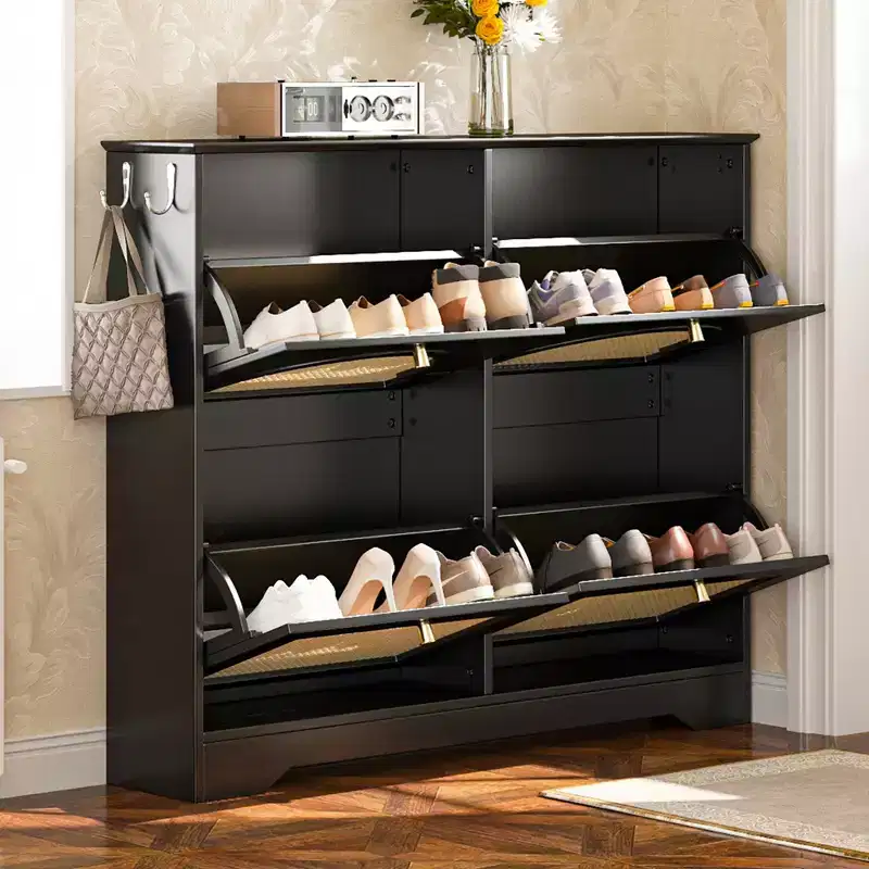 Mid-Century Narrow Shoe Cabinet with 4 Flip Drawers, Rattan Doors & 2 Hooks, Black