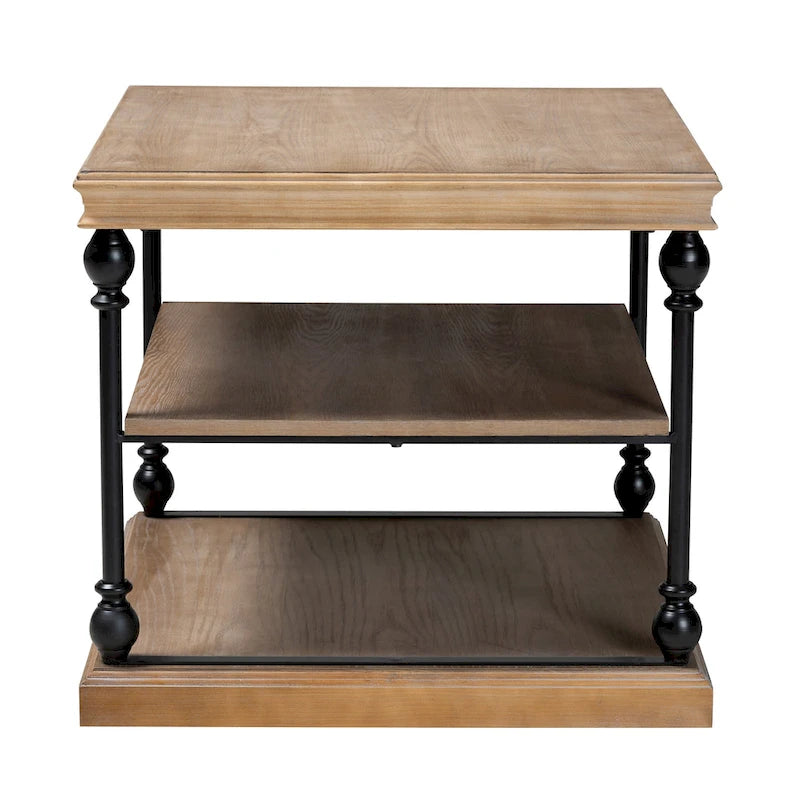 Traditional Industrial Wood and Black Metal 3-Tier End Table