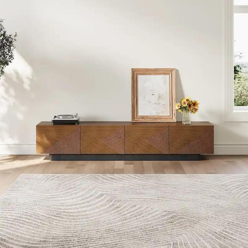78.74  Mid Century Modern TV Stands, with Brown Solid Wood Veneer, Media Consoler with 4 Cabinets