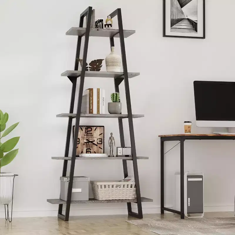 5-Shelf Trapezoidal Bookshelf,Vertical Display Shelf with Metal Supports,Open Rustic Bookshelf,Living Room,Office,Kitchen