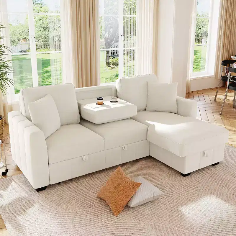 90W L-Shaped Sectional Sleeper Sofa Modular Sofa Couch with Reversible Storage Chaise, Drop-Down Dual Cup Holders - ModernLuxe
