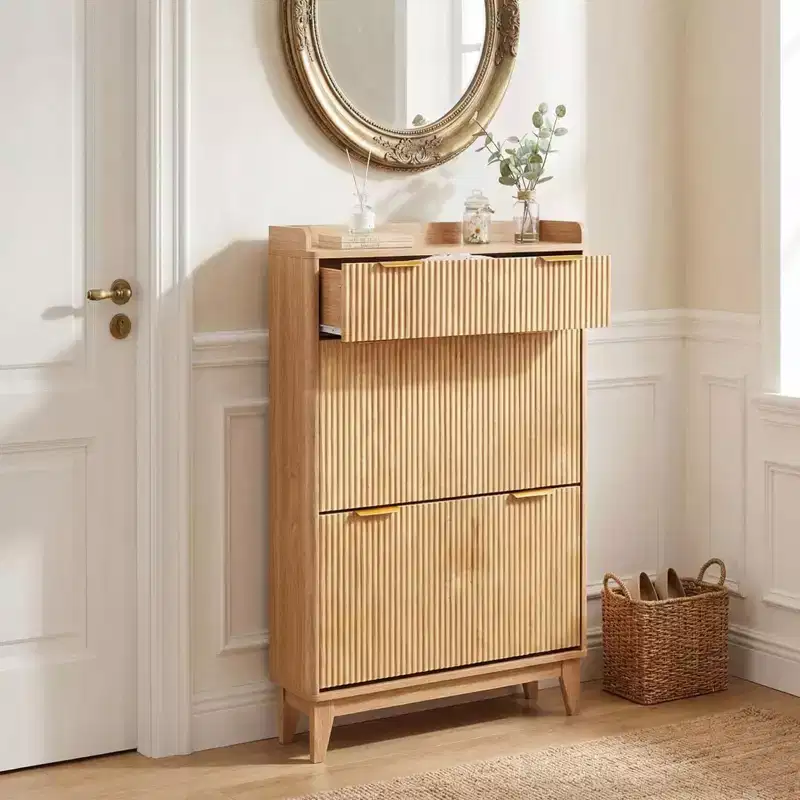 Narrow Fluted Wood Shoe Cabinet w/ 2 Flip Drawers & 1 Top Drawer, Slim Freestanding Hidden Shoe Storage Rack w/ Adjustable Shelf for Entryway