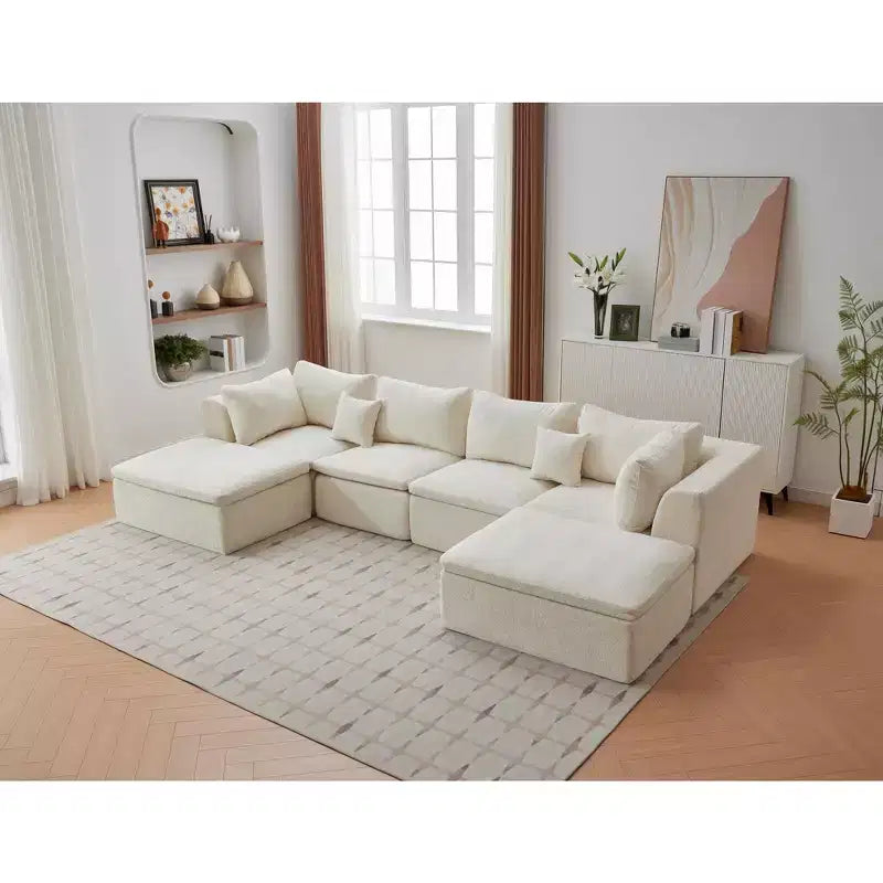 Sofa, Modular Sectional 140 U-Shaped  Cloud Boneless Couch with Double Chaise/Ottoman Chenille Memory Foam Pillows for Living Room
