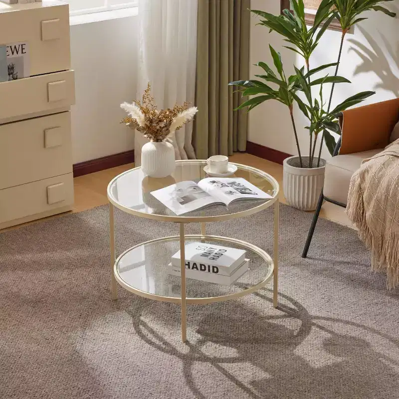 VINGLI 25.6 Round Glass Coffee Table, 2-Tier Coffee Table with Storage, Modern Center Table with a Beige Frame, for Living Room