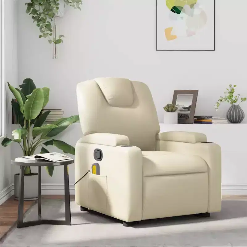 Massage Recliner Chair with 6-Point Vibration, Cream Faux Leather, Cup Holders, Adjustable